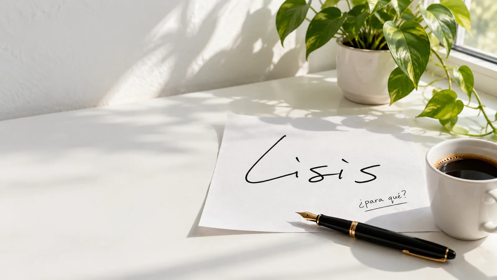 LISIS escrito sobre papel junto a una pluma, una taza de café y una planta iluminada por luz natural.